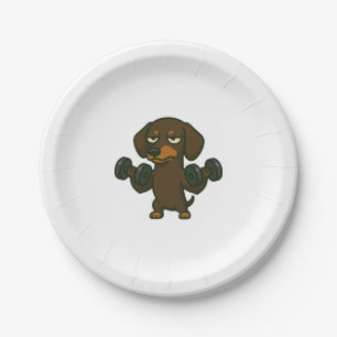 Dachshund with dumbbell fitness training biceps wo paper plate