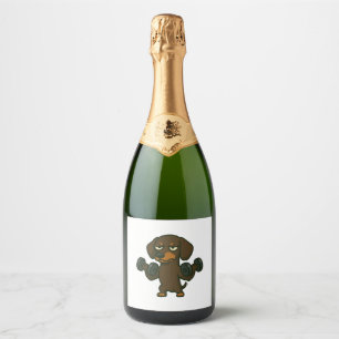 Dachshund with dumbbell fitness training biceps wo sparkling wine label