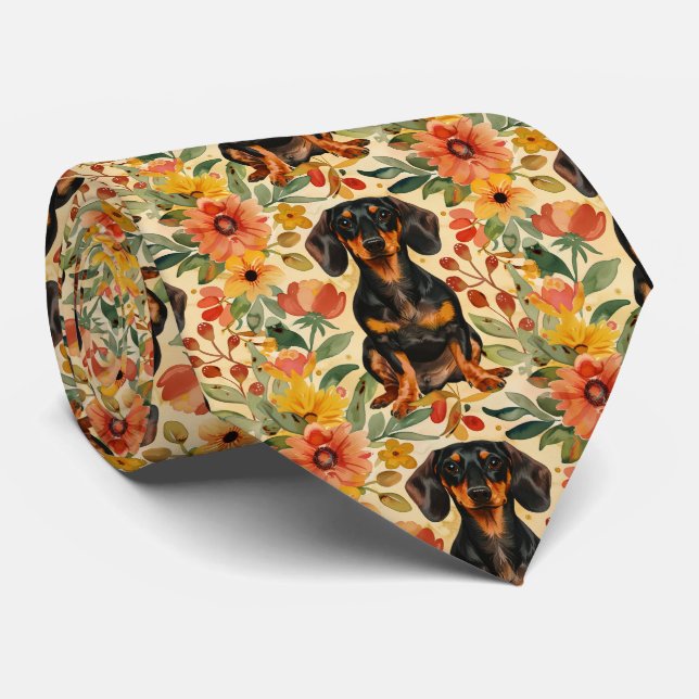 Dachshund With Flowers Gouache Tie (Rolled)