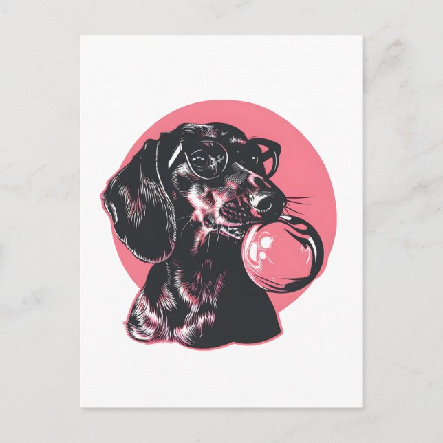 Dachshund with glasses and bubble gum postcard (Front)