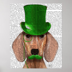 Dachshund With Green Top Hat and Mustache Poster