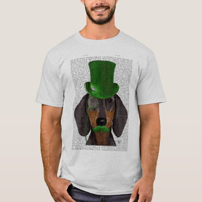Dachshund with Green Top Hat Black Tan 2 (Front)
