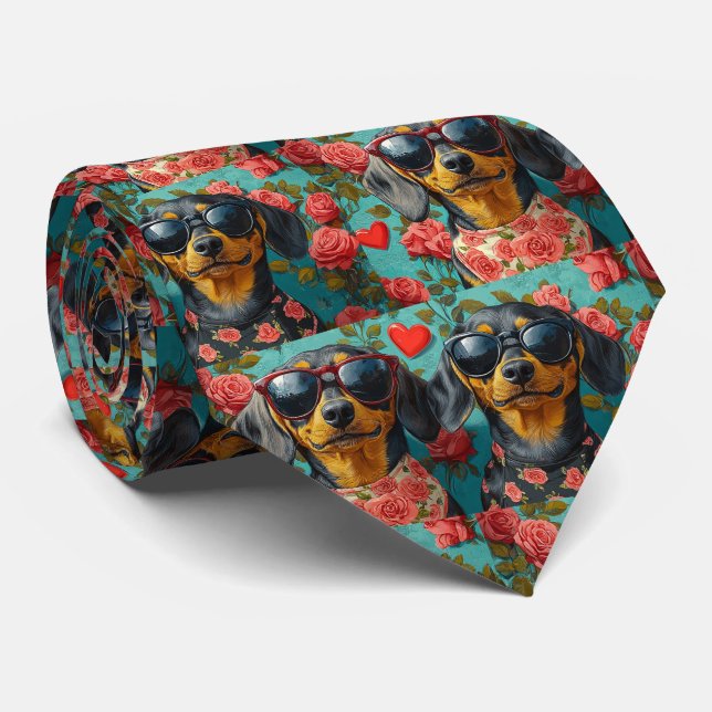 Dachshund With Heart Roses Valentine's Day Tie (Rolled)