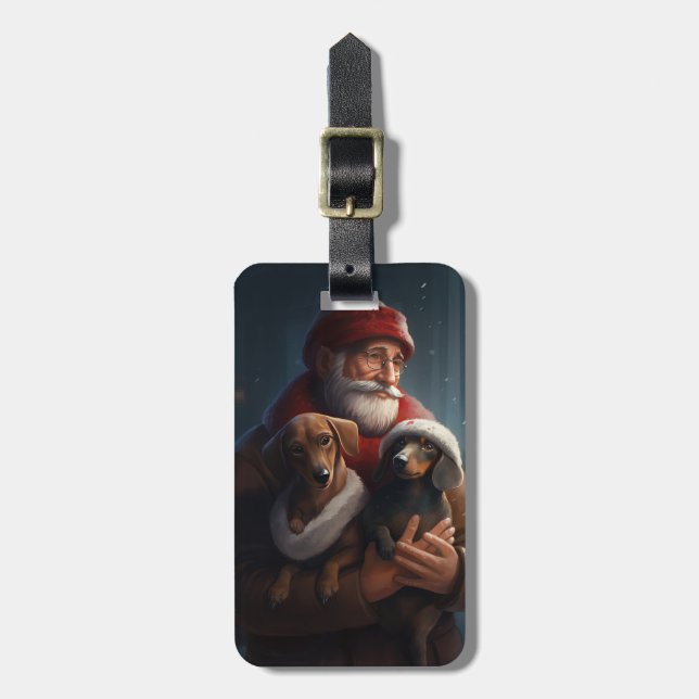 Dachshund With Santa Claus Festive Christmas Luggage Tag (Front Vertical)