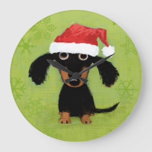 Dachshund with Santa Hat   Wiener Dog Christmas Large Clock
