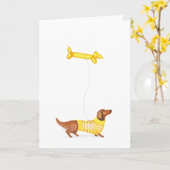 Dachshund with sausage dog balloon birthday card (Yellow Flower)