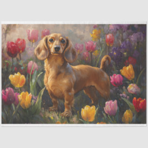 Dachshund with Spring Tulips Painting Decoupage Tissue Paper