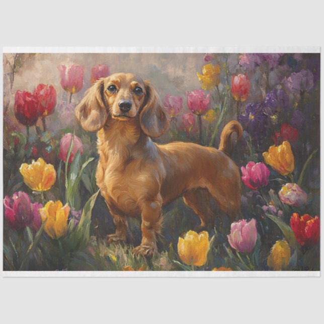 Dachshund with Spring Tulips Painting Decoupage Tissue Paper (Front)