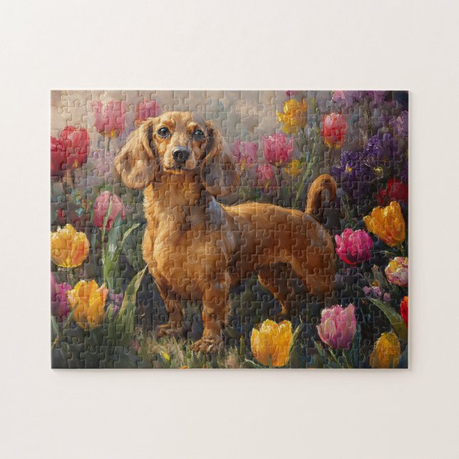 Dachshund with Spring Tulips Painting Jigsaw Puzzle (Horizontal)