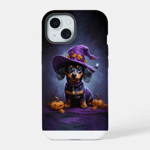 Dachshund wizard puppy with Halloween pumpkin iPhone 15 Case