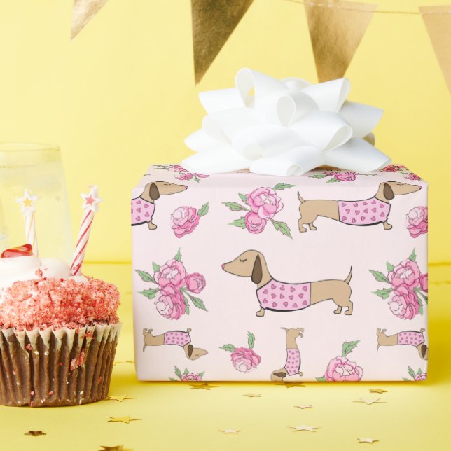Dachshund Wrapping Paper Pink Floral Gift Wrap (Birthday Party)