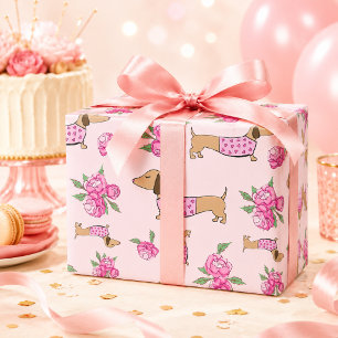 Dachshund Wrapping Paper Pink Floral Gift Wrap