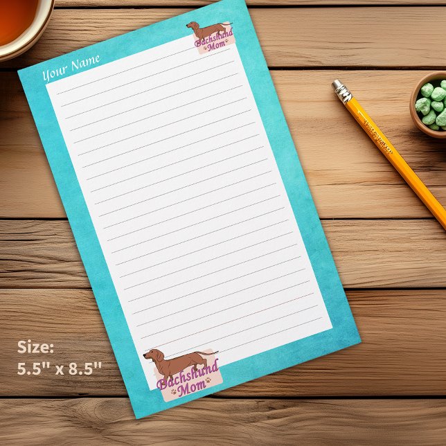 Dachshund Your Name Mum Teal Edge Lined Stationery (Dachshund Your Name Mom Teal Edge Lined Stationery which can be Personalized)