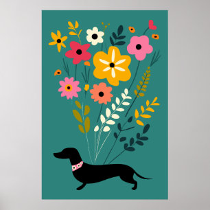 Dachshunds and Flowers Vintage Retro Floral Poster
