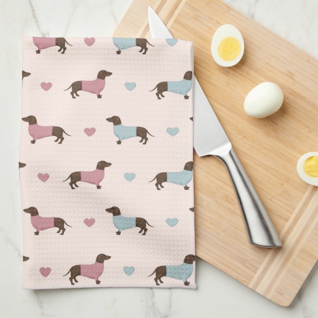 Dachshunds and Hearts Tea Towel (Quarter Fold)