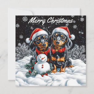 Dachshunds and Snowman Christmas Card