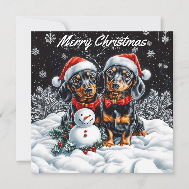 Dachshunds and Snowman Pack of Flat Christmas Card (Front)
