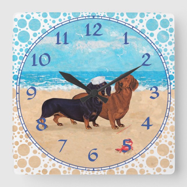 Dachshunds at the Beach Square Wall Clock (Front)