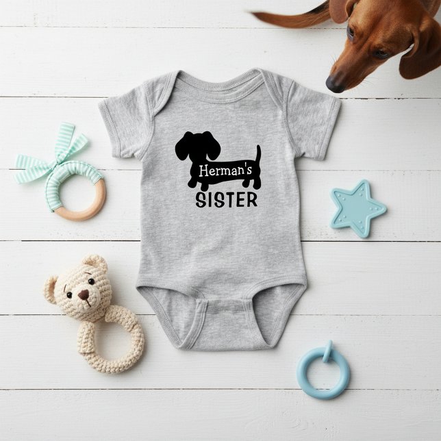Dachshund's Baby Sister Personalised with Name  Bodysuit (Add little sister's dog's name - personalized dachshund baby outfit for baby showers)
