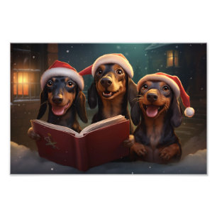 Dachshunds Christmas Caroling Holiday Scene Photo Print