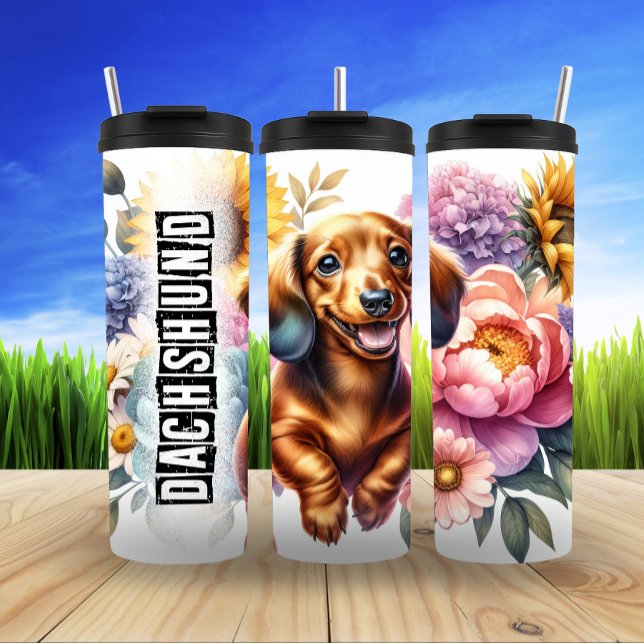 Dachshund's Floral Joyride Thermal Tumbler (Creator Uploaded)