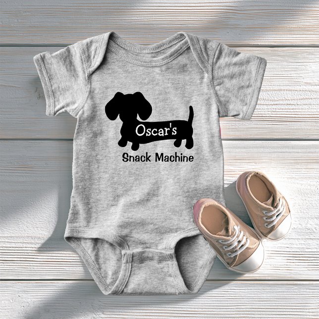 Dachshund's Funny Baby Snack Machine Bodysuit (Personalized dachshund baby outfit - snack machine - funny punny doxie baby gift)