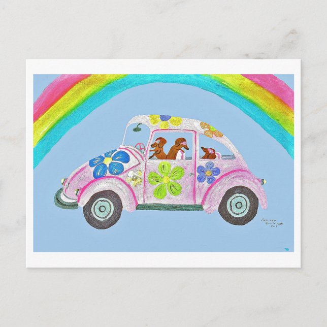  Dachshunds in a Hippie Car Postcard (Front)