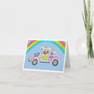  Dachshunds in a Hippie Car under Rainbow Invitation