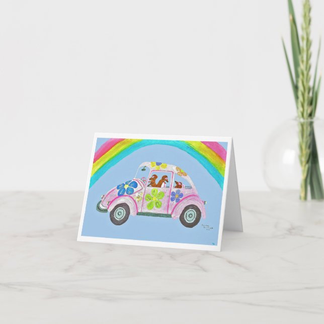  Dachshunds in a Hippie Car under Rainbow Invitation (Front)