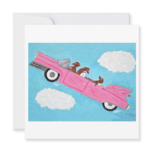 Dachshunds in a Pink Convertible in the sky