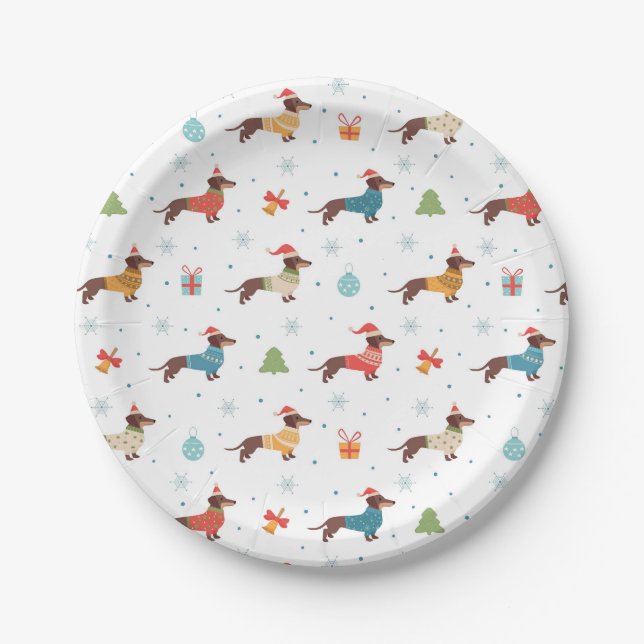 Dachshunds in Christmas Sweaters Pattern Paper Plate (Front)