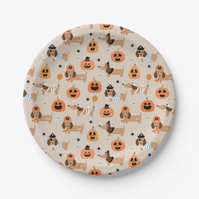 Dachshunds in Halloween Costumes Pattern Paper Plate (Front)