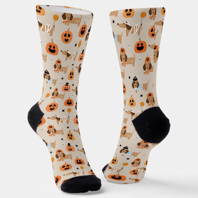 Dachshunds in Halloween Costumes Pattern Socks (Angled)