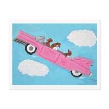 Dachshunds in Pink Convertible in the sky