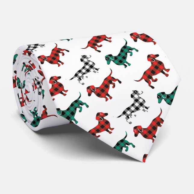 Dachshunds in Red Flannel Plaid Cute Christmas Tie (Rolled)