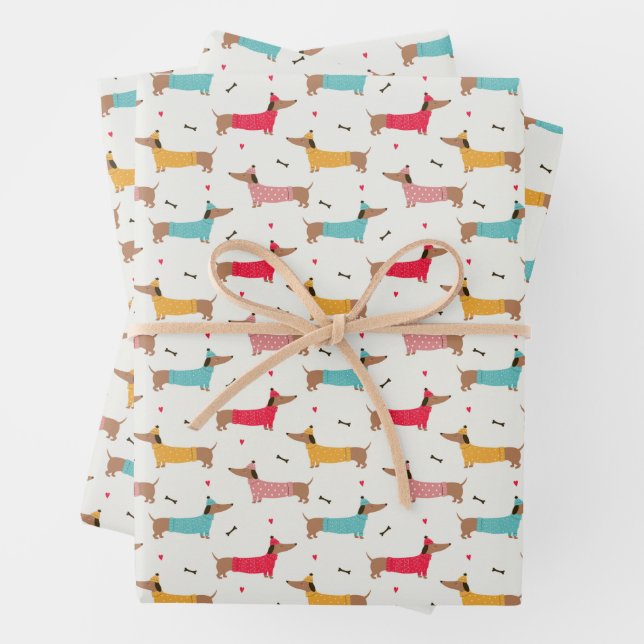 Dachshunds in Sweaters Holiday Pattern Wrapping Paper Sheet (In situ)
