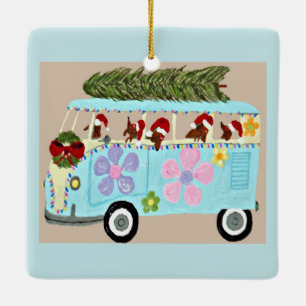 Dachshunds in their Christmas Hippie Van Ceramic Ornament