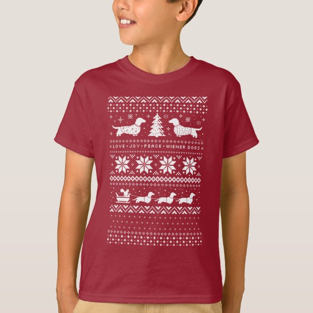 Dachshunds | Love Joy Peace Wiener Dogs Christmas T-Shirt (Front)