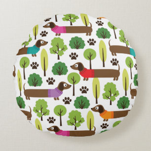 Dachshunds On A Walk In The Park Round Cushion
