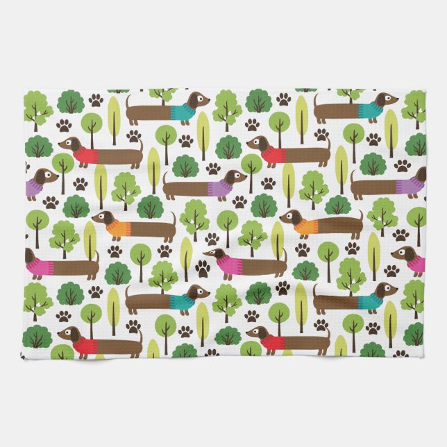 Dachshunds On A Walk In The Park Tea Towel (Horizontal)