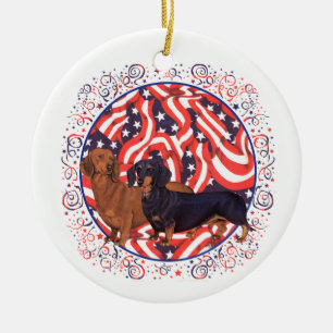 Dachshunds Patriotic Flag Ceramic Tree Decoration