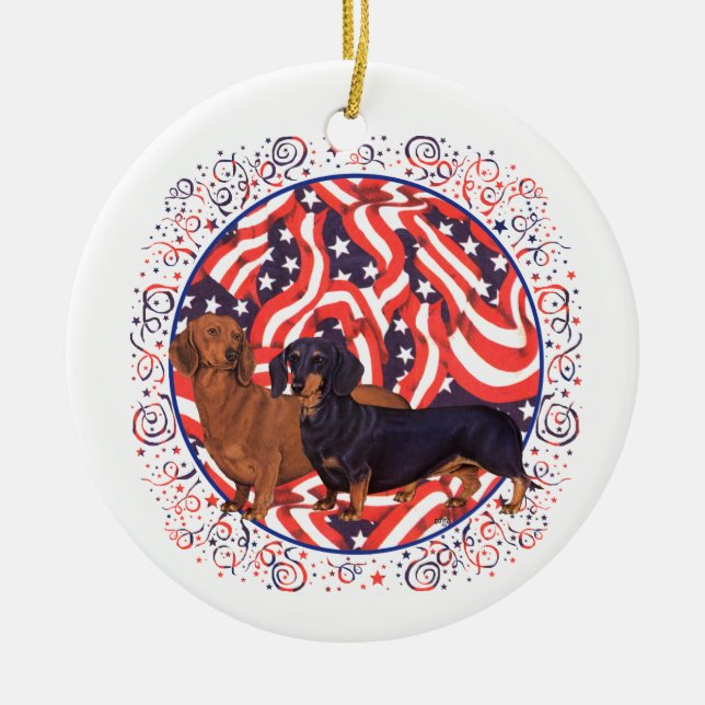 Dachshunds Patriotic Flag Ceramic Tree Decoration (Front)