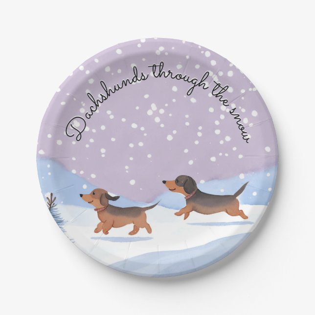 Dachshunds Snow Doxie Christmas Sausage Dogs Party Paper Plate (Front)