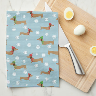 Dachshunds & Snowflakes on Blue Tea Towel