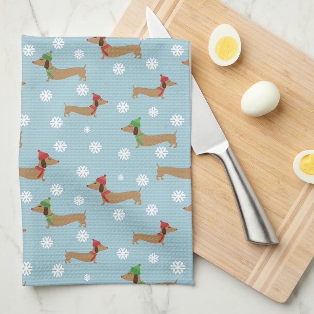 Dachshunds & Snowflakes on Blue Tea Towel (Quarter Fold)