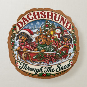 Dachshunds Through the Snow Festive Christmas Round Cushion
