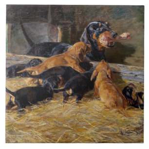 Dachshunds with Puppy in the Stable Hermine Bieder Tile
