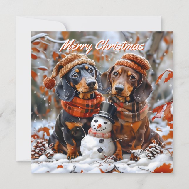 Dachshunds with Snowman Christmas Card (Front)