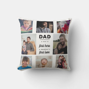 Dad A Son's First Hero Typography 8 Photo Collage Cushion
