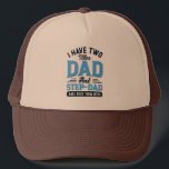 Dad and a Step Dad Typography Design Trucker Hat<br><div class="desc">Father's Day is around the corner. Celebrate your dad and step-dad with this retro typography design. I Have two titles-Dad and Step-dad,  and I rock them both. Two-sided design. Blue and white typography for dark appeal.</div>